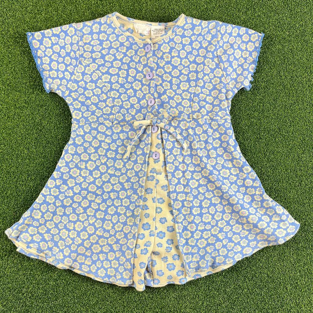 Vintage Pistachio Blue Floral Ruffle Sleeve Button Romper Sz 6X